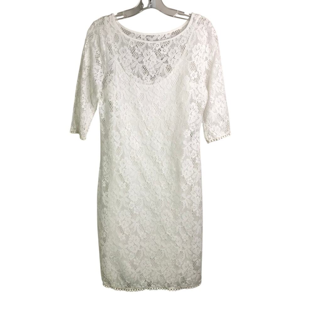 Three Dots Dress Womens Size Small‎ White 3/4 Sleeve Lace Lined Fitted Party